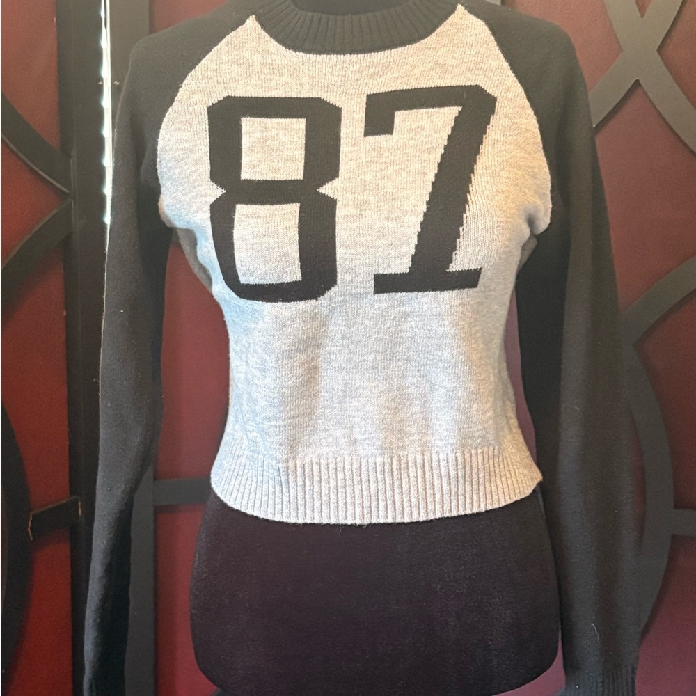 Fashion Nova “87” Cropped Sweater – Black & Gray